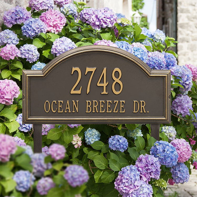 The Providence Arch stands among the beautiful hydrangeas